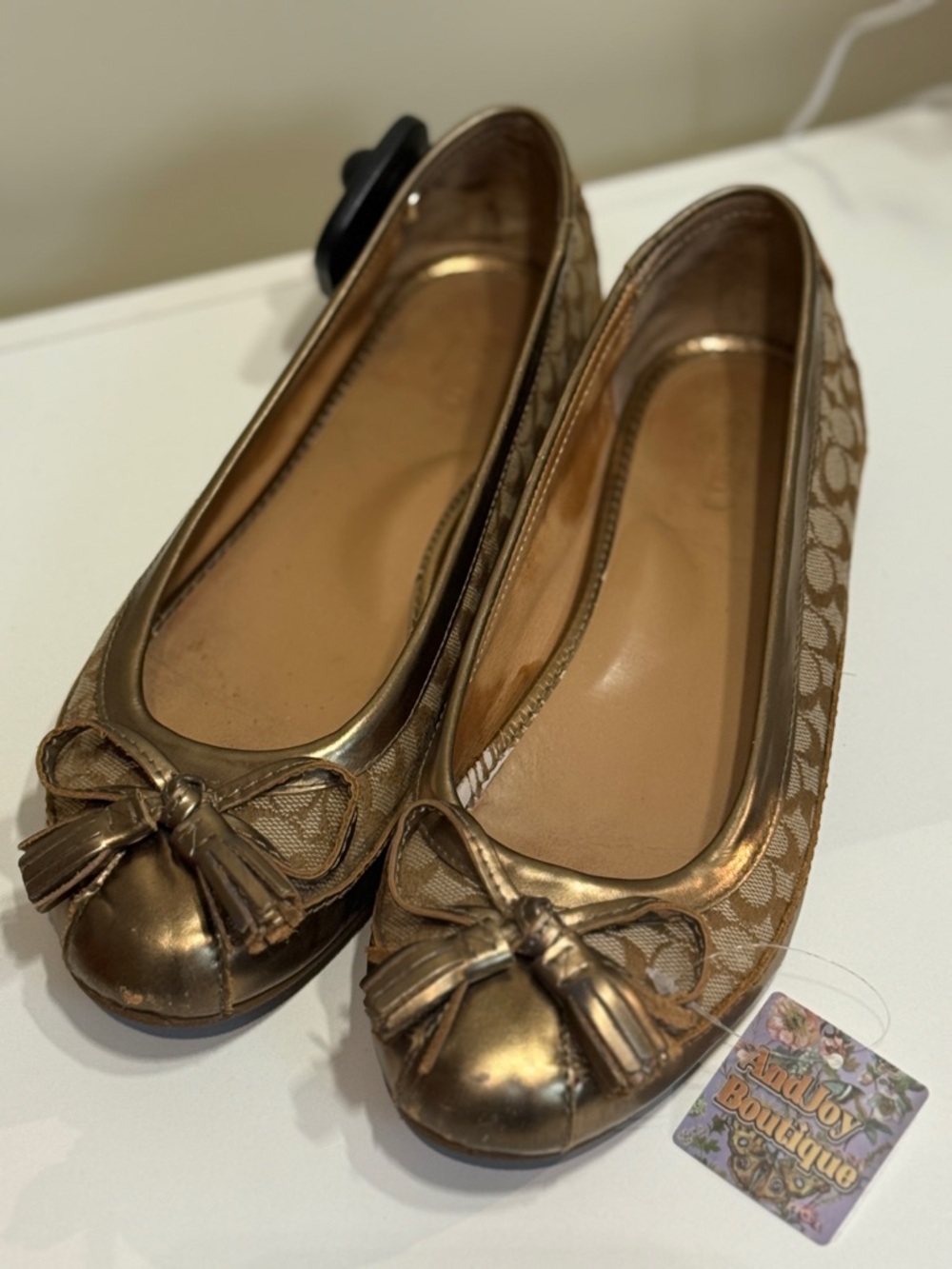 Coach Metallic Bronze Ballet Flats with Tassel Bow